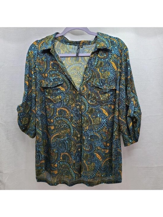 Cathy Tops - Cathy Womens XL Paisley Tunic Top Blue Teal Gold Boho Roll Tab Sleeve Blouse